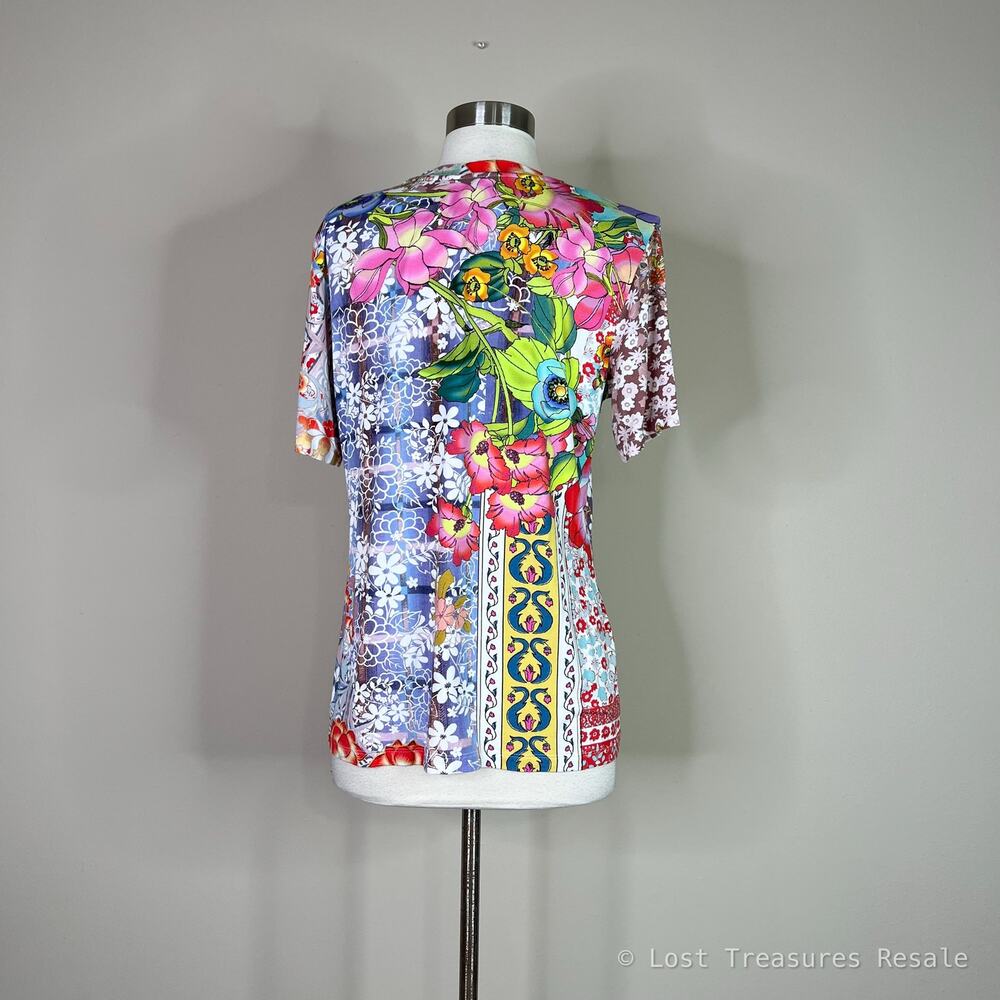Johnny Was | Dragon Floral Mixed Print Short Sleeve Jersey Tee Multicolor Top XS - Picture 6 of 9